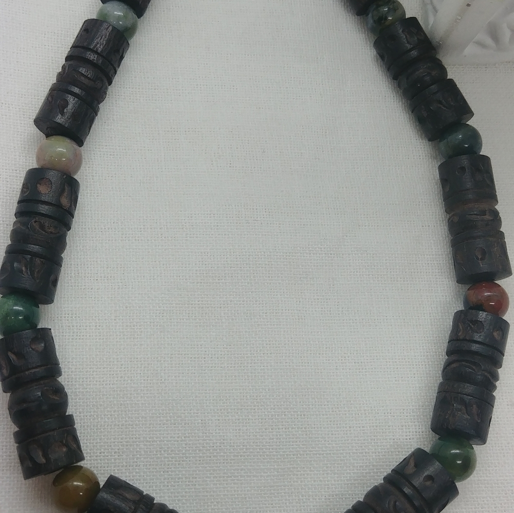 Wood and glass bead necklace